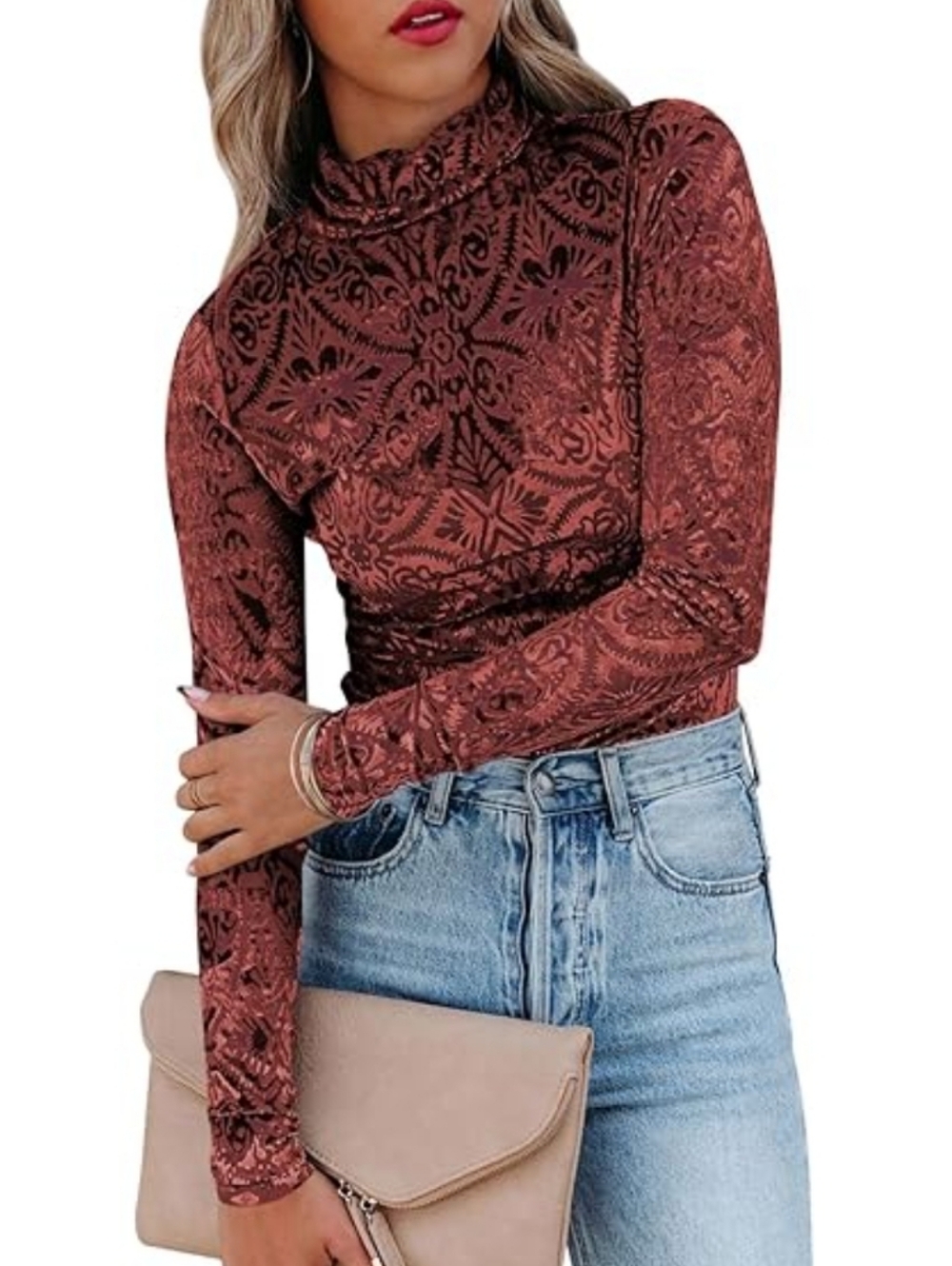 Velvet Long Sleeve Mock Neck Top